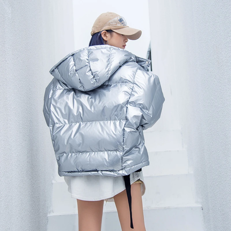 Veste Bas Parkas Vers Brillant Hip vent Hop Coton Femme Hiver Silver Argent Coupe 2018 Manteau Tendance Mode Chaud Nouvelle L312 Pu Le 6xzCc0q