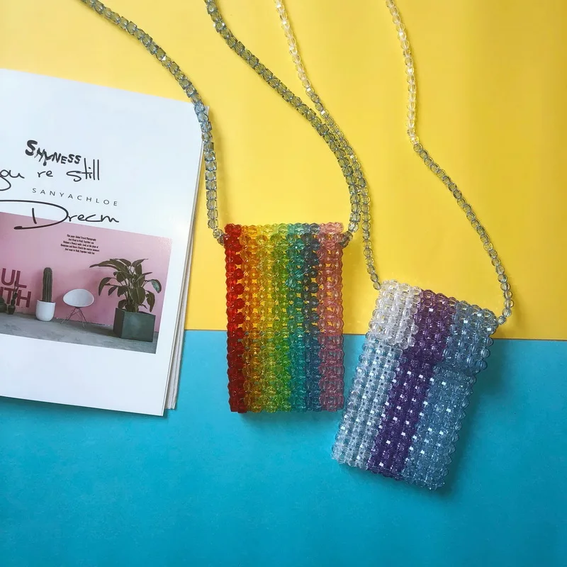 Разноцветные сумки через плечо с рисунком радуги и бисером для девочек, маленькие сумочки для детей, летние сумки с карманами