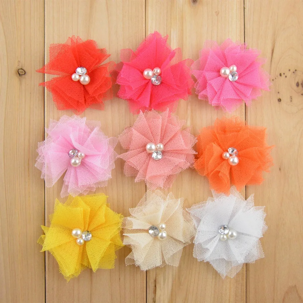 

10PCS 2" Tulle Lace Mesh Flowers With Rhinestone Pearl Center For Baby Girls Headband Headwear Lace Flowers hair accessories