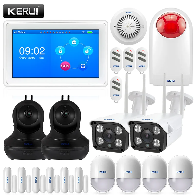 

KERUI K7 7 Inch TFT Color Display WIFI GSM Security Alarm System With 4ps 1080 WIFI Camera Smoke Detector Siren Burglar
