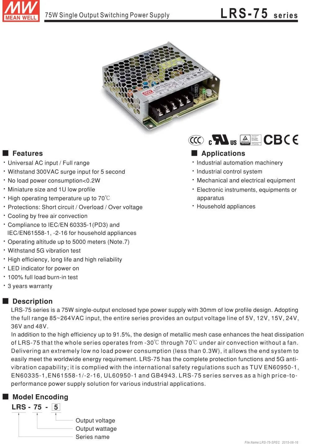 Meanwell LRS-75 импульсный источник питания 5 в 12 В 24 в 36 в 48 в 75 Вт МВт тайваньский бренд LRS-75-24