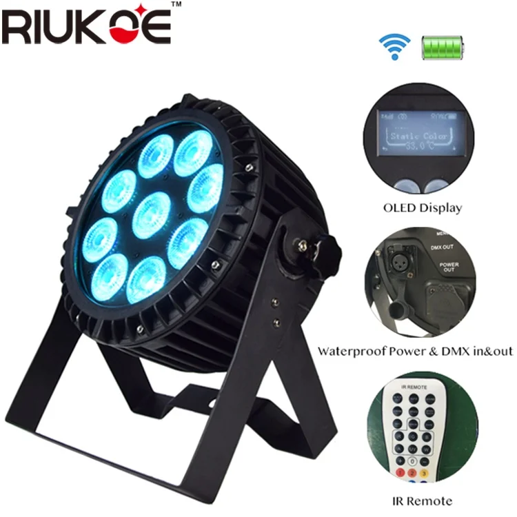 

RIUKOE 9x12W wireless/wifi/dmx battery powered OLED led par RGBWA+UV 6in1