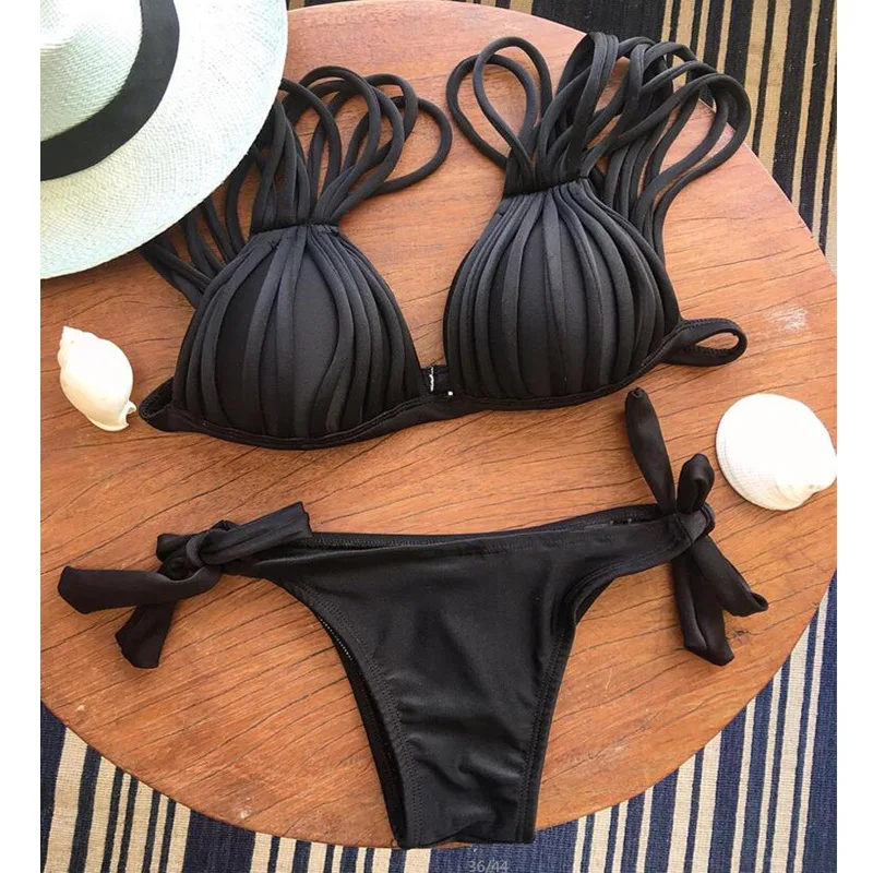 Сексуальный бразильский комплект бикини черный кисточкой бинты Купальники Для женщин купальный костюм на бретельках Palm