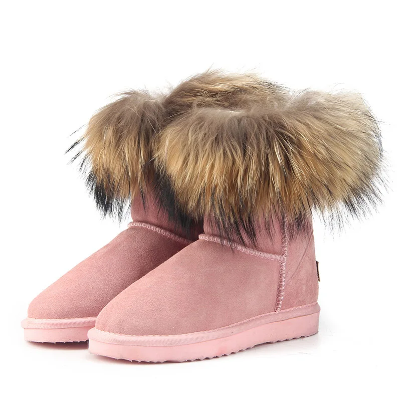 MBR FORCE Fashion Women's Natural Real fox Fur Snow Boots Genuine Cow Leather women Boots Female Warm Winter Boots Shoes - Цвет: Light Pink