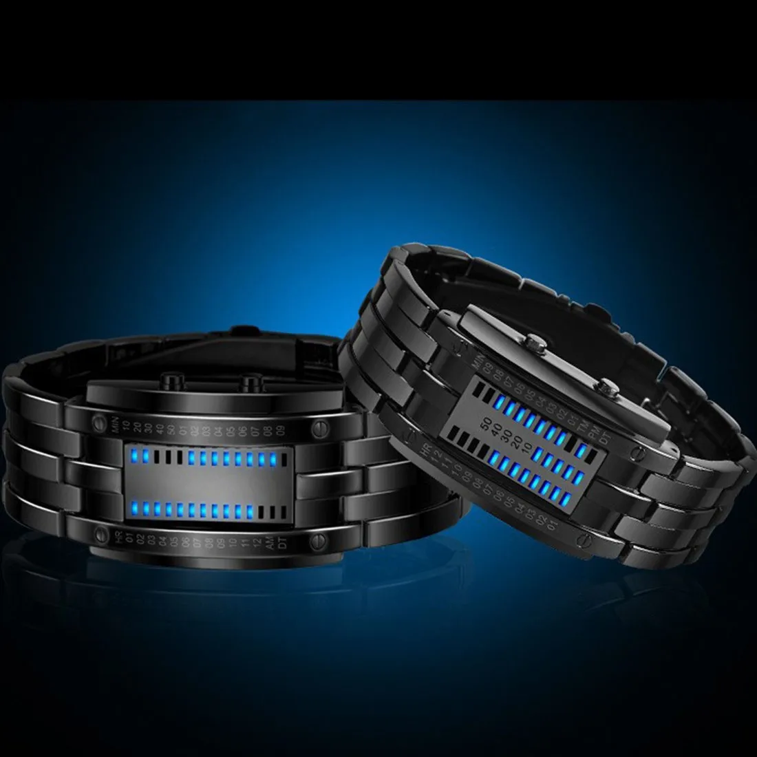 Luxury Lovers Wristwatch Waterproof Men font b Women b font Stainless Steel Blue Binary Luminous LED