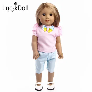 

LUCKDOLL High Quality Round Neck Cute Bow Sleeveless Top + Shorts for 18 inch American Doll 43cm Doll Accessories