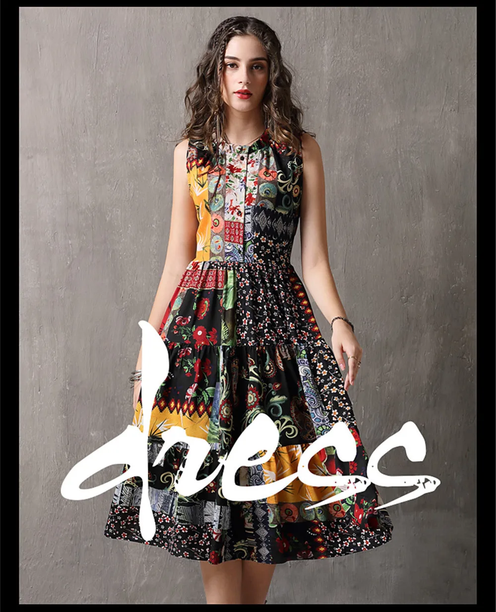 Vintage Printed Summer Dress 2018 New Denim Women Tank Dresses Sleeveless A-line Ruffles Hem Sundresses Vestidos Femininas (5)