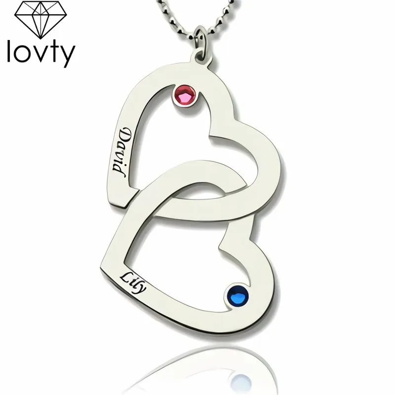

lovty Personalized Intertwined Hearts Birthstone Necklace Engraved 2 Double Hearts Mother&Daughter Necklace Custom Names Jewelry