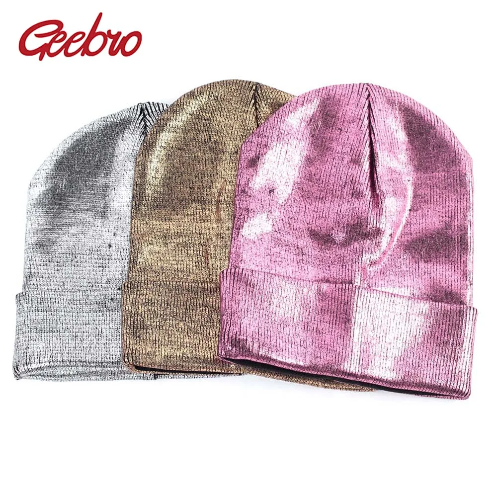 Geebro/Женская Шапка-бини металлического цвета, осенняя Повседневная бронзовая Шапка-бини для женщин, вязаная акриловая Шапка-бини для женщин
