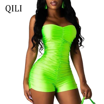 

QILI Neon Green Rose-red Black Rompers Women Jumpsuit Sexy Strapless Romper Slash Neck Sleeveless Pleated Bodycon Rompers 2019