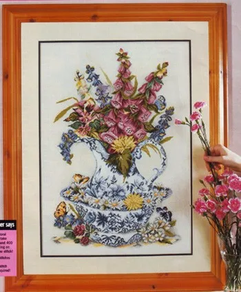 Cross Stitch Kit  Carnation Foxglove Digitalis Lavender Floral Flower Flowers in Blue Vase Celadon