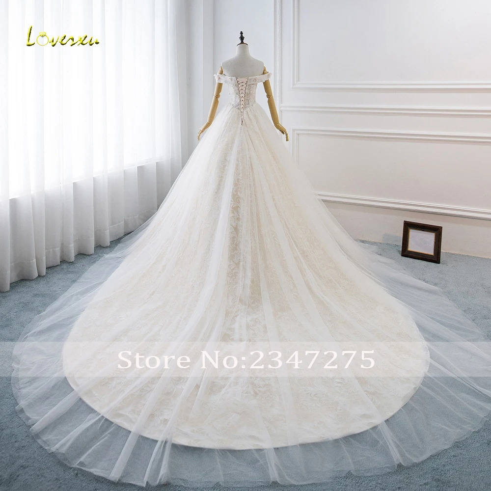 Loverxu Vestido De Noiva, кружевной вырез лодочкой, бальное платье, свадебное платье, элегантное, украшенное бусинами, со шлейфом, винтажное свадебное платье, большие размеры