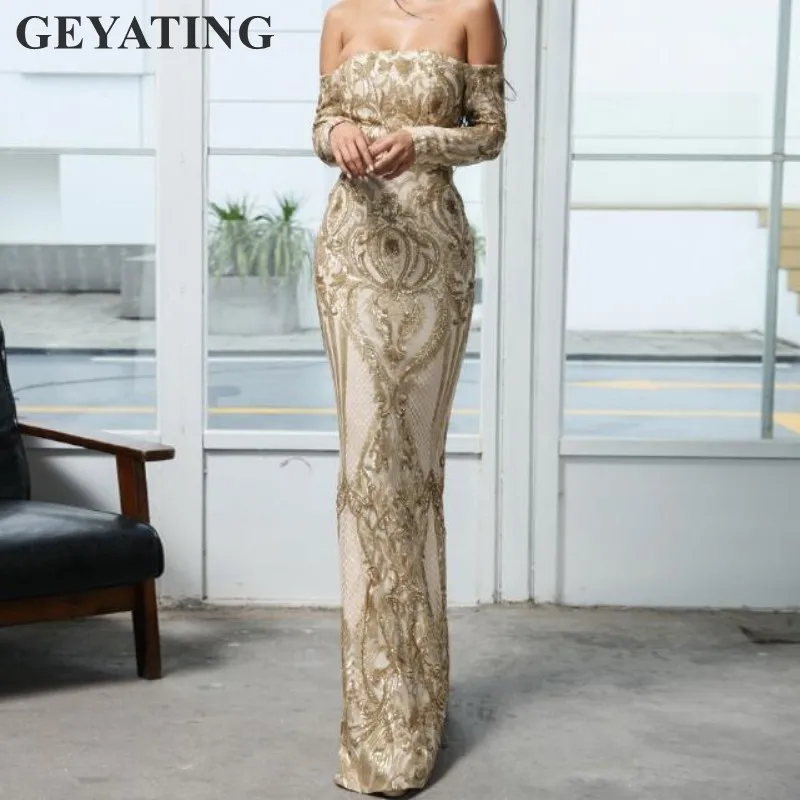 Emerald Green Sequins Mermaid Evening Dress Long Sleeves Elegant Off the Shoulder Gold Formal Party Gowns Arabic Prom Dresses Emerald Green Sequins Mermaid Evening Dress Long Sleeves Elegant Off the Shoulder Gold Formal Party Gowns Arabic Prom Dresses
