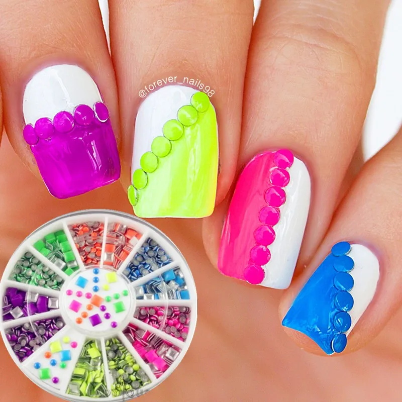 

1Box 2 Styles 6 Colors Neon Stud Metallic Rivets UV Gel DIY Plating Bright 3D Nail Art Decoration Studs Charms Sticker in Wheel