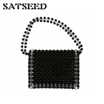 

2019 New Women Korean Style Fashion National Transparent Solid Color Handmade Beading Bag Double Belts Lovely Lady Handbags