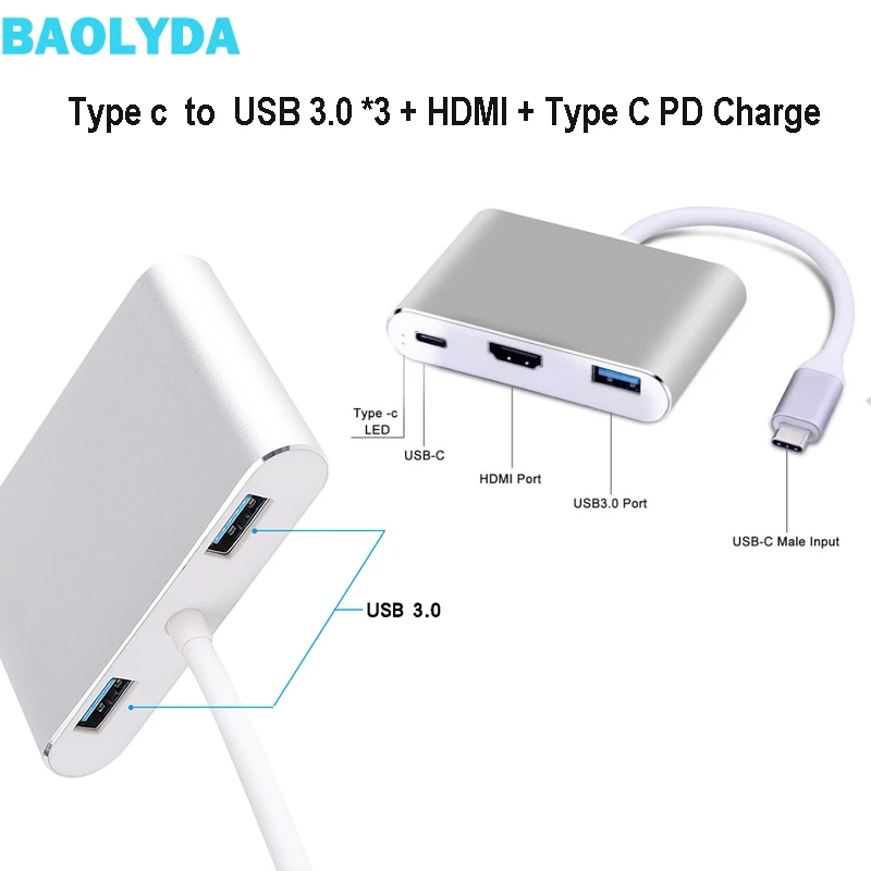 Baolyda USB C конвертер 5в1 Type для мульти концентратора Thunderbolt Dock HDMI VGA адаптер к 4K