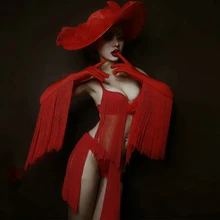 Белый и красный аксессуар с кисточками Бикини Бар Короткие для женщин певец DJ вечерние ночной клуб сценический яркий Костюм танцевальная производительность набор DWY1366