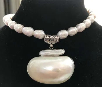 

17" 11-13mm white biwa dens pendant freshwater pearl necklace mabe pendant
