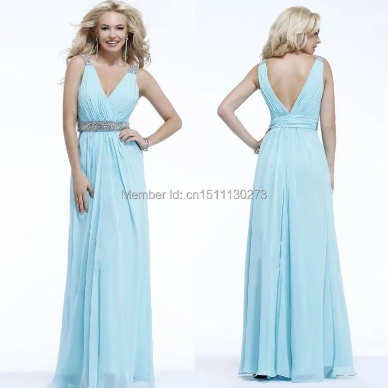 2014 Free Shipping Hot Sale Custom Made Sexy A-Line V-Neck Backless Pleat Beads Floor-Length Chiffon Prom Dresses Evening Gowns | Свадьбы и