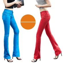 Женские Стрейчевые джинсы ярких цветов, повседневные расклешенные брюки большого размера, брюки-клеш d, Корейская версия узких брюк, хлопковые брюки, джинсы