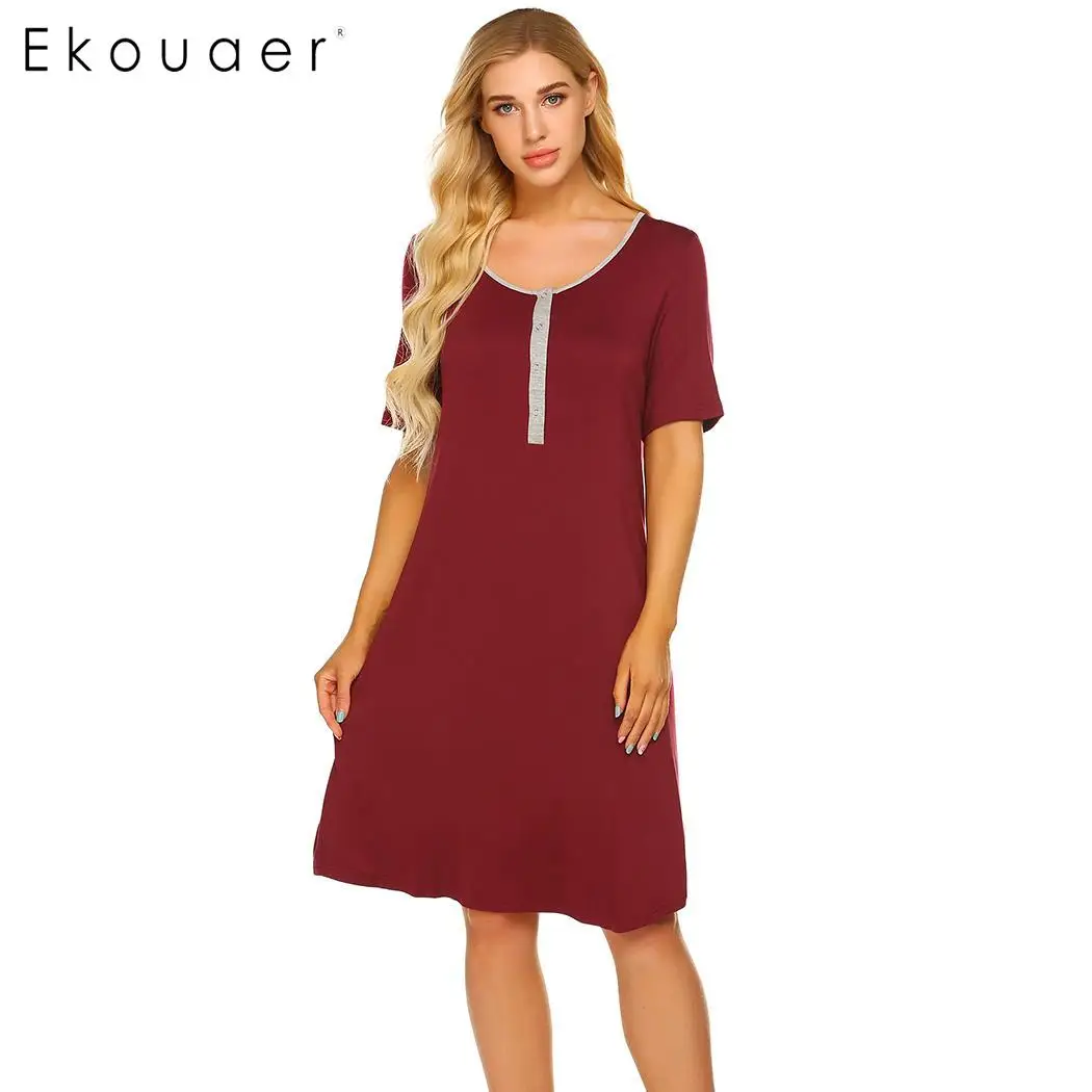 

Ekouaer Summer Nightdress Casual Sleepwear Short Sleeve O-Neck Button Breastfeeding Maternity Nightgown Women Chemise Sleepshirt