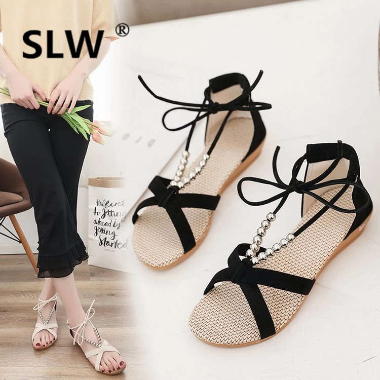 

block heel shoes summer sandals String Bead tip binding Med Casual Solid Color strappy heels Fabric Rome Low Buckle belt