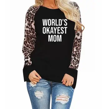 

New Fashion T-Shirt For Women Leopard Print Long Sleeve T-Shirt OKAYEST MOM Letters Print Tops Women Plus Size Graphic Tees