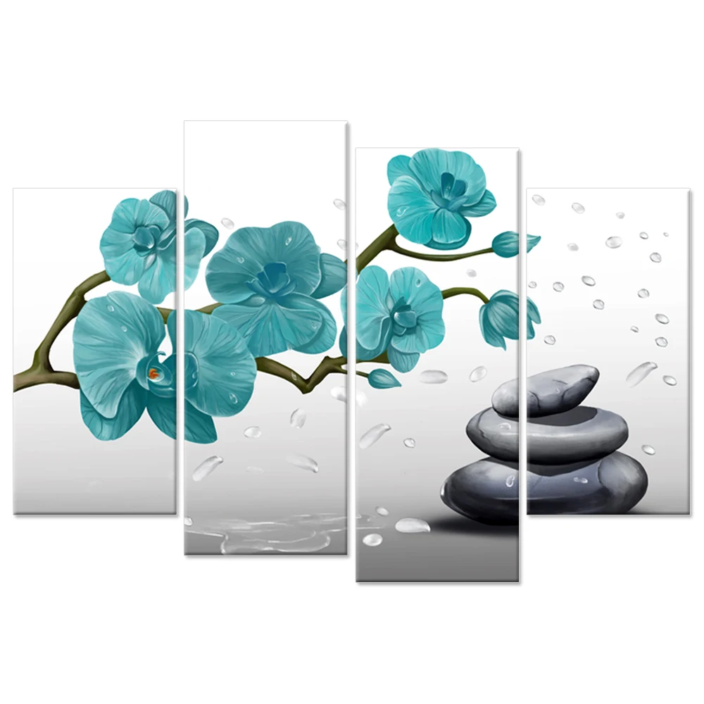 

4 Panel Butterfly Orchid Flowers Canvas Print Wall Art Teal Blue Flower With Drop Of Water Zen Stones Spa Still Of Life Print