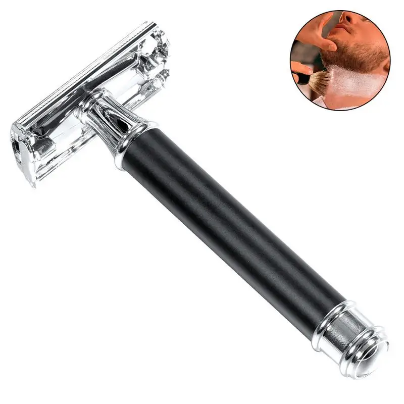

1 Set of Men Manual Double Edge Safety Razor Black Color with Frosted Leather Long Handle Shaving Hair Blade Razor