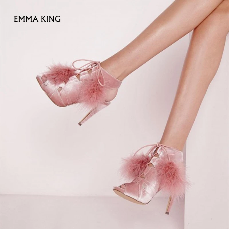 pink_lace_up_heels_suede_ankle_booties_with_fluffy_balls 