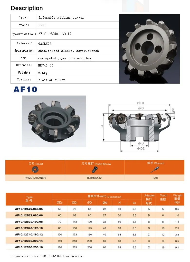 Фрезерные инструменты многогранный резец со вставкой PNMU1205ANER из Kyocera торцевая фреза диск AF10 Лидер продаж за рубежом