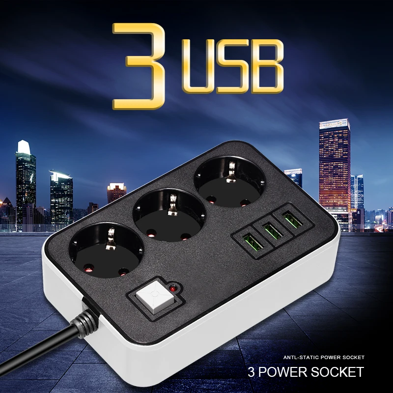 Portable Strip Plug Adapter Power Socket 3 Sockets 3USB Port Big Plug