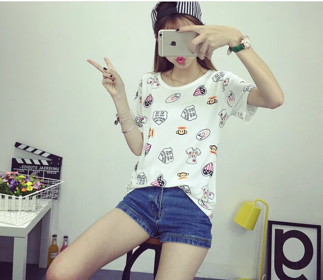 

ECTTCHarajuku Emoji Three Monkey Printed O-neck T shirt Women Funny Cute T-shirt White Tops Plus Size Casual Tees