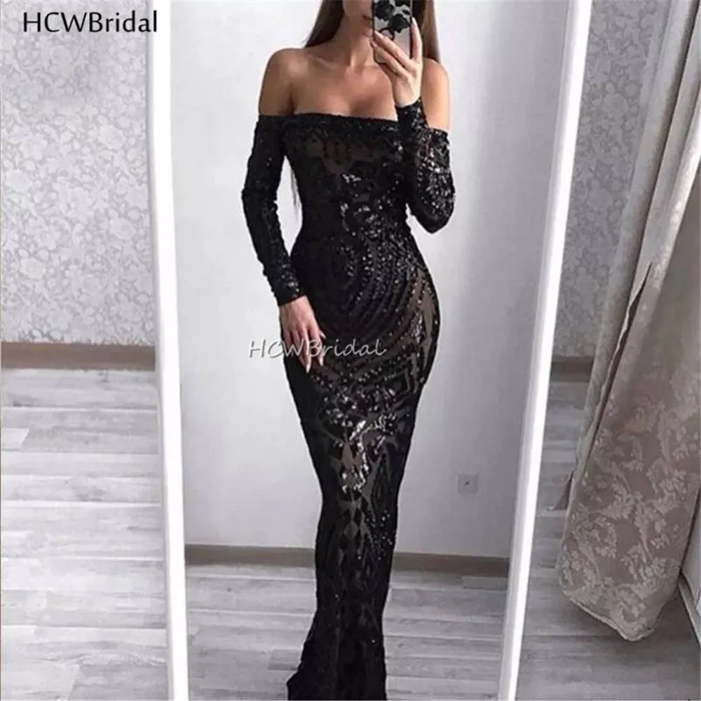 

Vestido De Festa 2019 Black Long Sleeve Evening Dress Off The Shoulder Mermaid Floor Length Long Formal Prom Gowns Arabic Women
