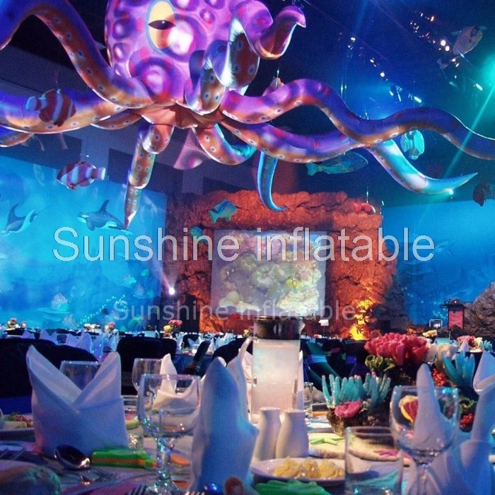 

Customized 8mD party events decorating balloon hanging white giant inflatable octopus with colorful led lights