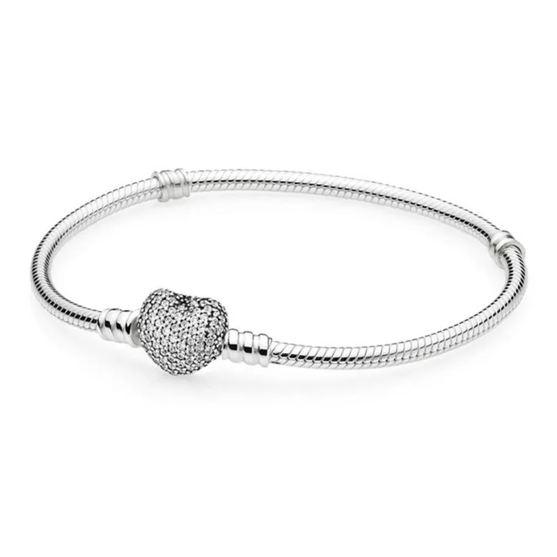 

Authentic 925 Sterling Silver Bead Charm Snake Chain Fit Pandora Bracelet with Dazzling Heart Clasp for Women DIY Jewelry Gift