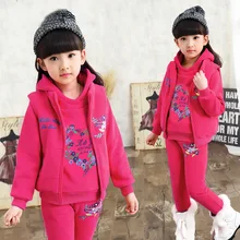 Children’s Clothing Girls Winter Clothing Set 3PCS Thicken Plus Velvet Hoodie Set Girl High Quality Winter Suit 110-160