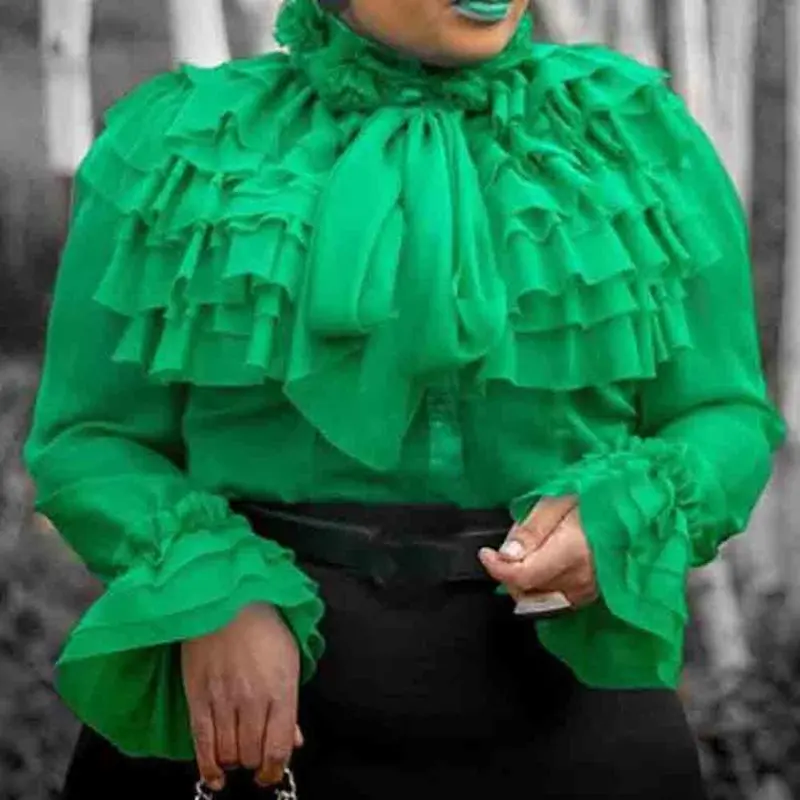 Falbala простая стандартная блуза с длинными рукавами зеленая с оборками летняя элегантная женская блузка рубашки женские