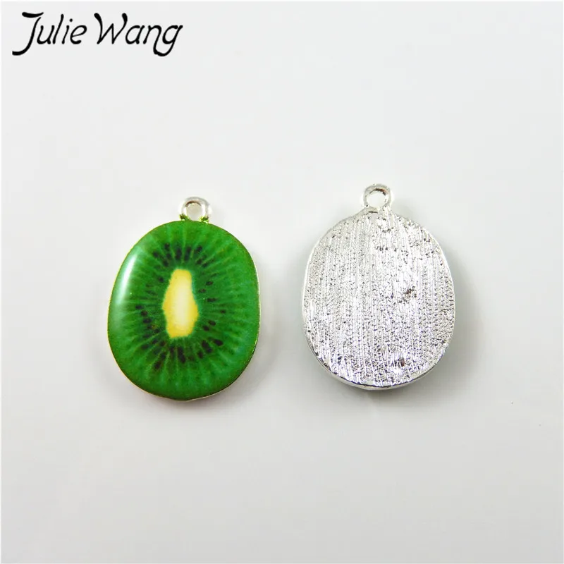 Julie Wang 10pcs Green Apple Kiwi Orange Strawberry Cute Fruit Shape Enamel Alloy Little Charms Women Jewelry Findings Hot Sale