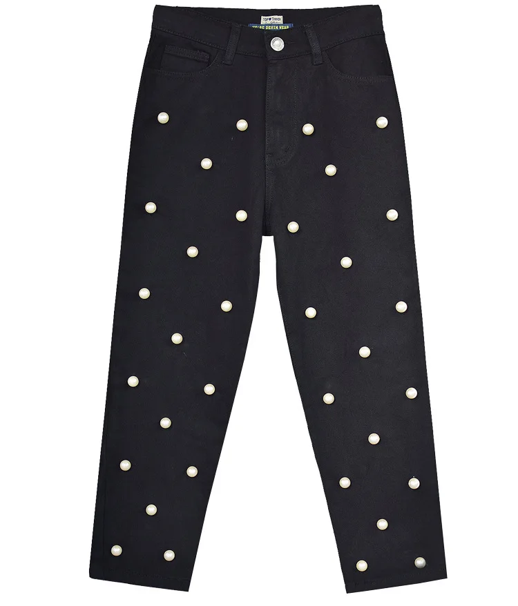 

LMCAVASUN occident Women's high waist straight loose wide leg pants denim trousers studded large pearl ladies eight pants