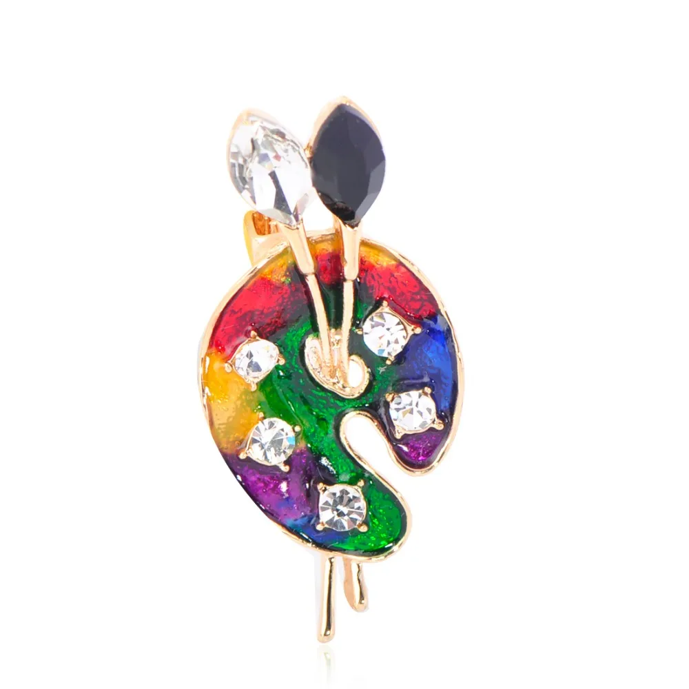 

Blucome Enamel Colorful Pigment Palette Brooches Gold Color Crystal Paint Brush Best Gift For Painter Clothes Brooch Hijab Pins