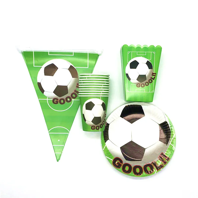 

New Sale 80Pcs/Lot Green Football Theme Child Birthday Party Tableware Set Paper Cups Plates Flags Popcorn Box Decoration Supply