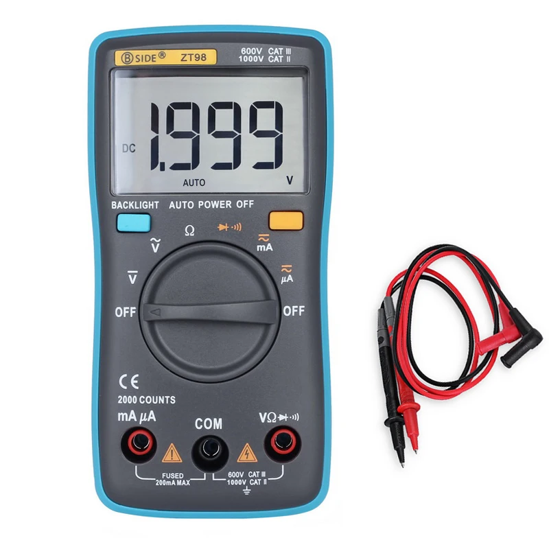 

Junejour ZT98 Digital Multimeter Portable AC/DC Ammeter Voltmeter Ohm LCD Display Backlight Multimeter Diode and Continuity Test