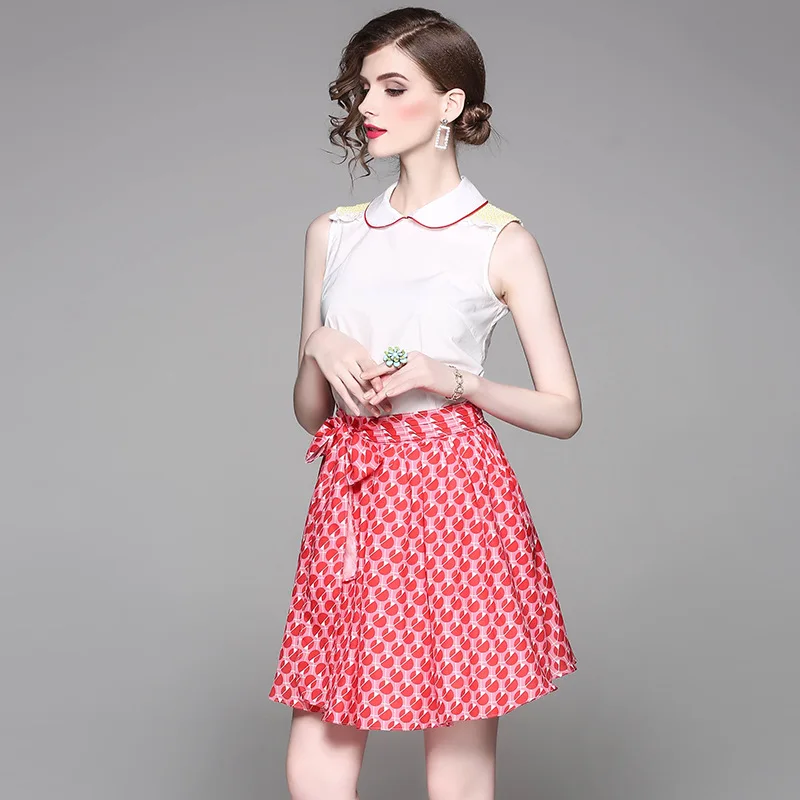 Mulheres Duas Peças Set 2017 Conjuntos de Verão Desfile de Moda Peter Pan colarinho da Camisa de Algodão e Impressão Saia Conjunto Terno Plus Size Twin conjunto