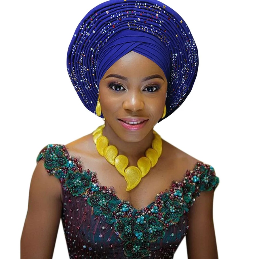 2018 New african aso oke cotton headtie nigerian gele headtie already made auto hele turban cap aso ebi big brim gele  (6)