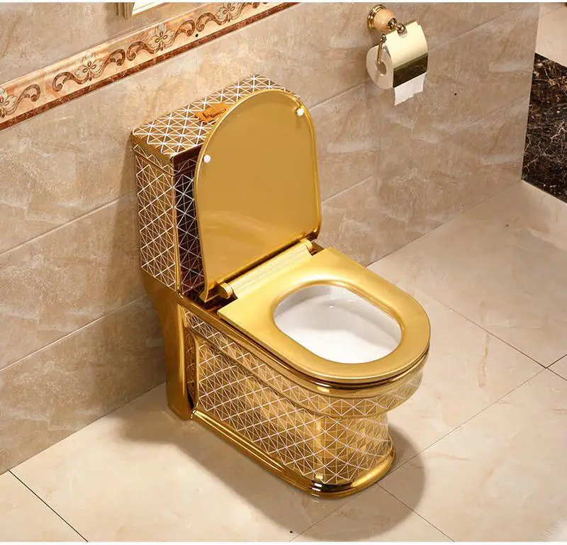 Artistic Golden Diamonds Style One Piece Closestool Siphon Jet Fluishing S-Trap Floor Mounted Luxious Villa Bathroom Seat Toilet