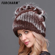 Fur Hat for Women 100% Real Rex Rabbit Princess Cap with Luxury Fox Fur Flower Tops 2018 New Thick Female Winter Knitted Fur Hat