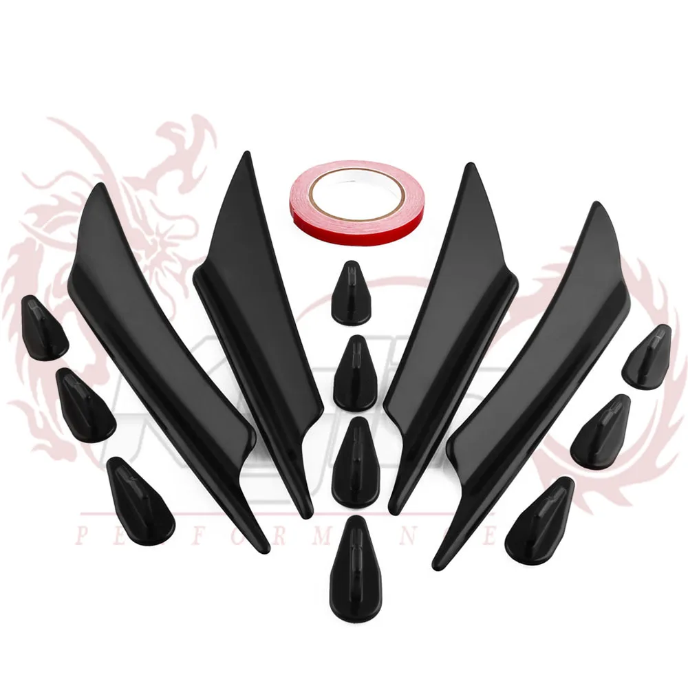 

Plastic Universal 4pcs Front Bumper Lip+10pcs Roof Shark Fins Spoiler Fit Black/Carton Fiber Splitter Wing Body Canards