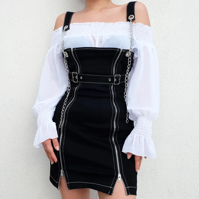 Women Gothic Zipper Up Front Chain Strap Underbust Black Jumper Dress
