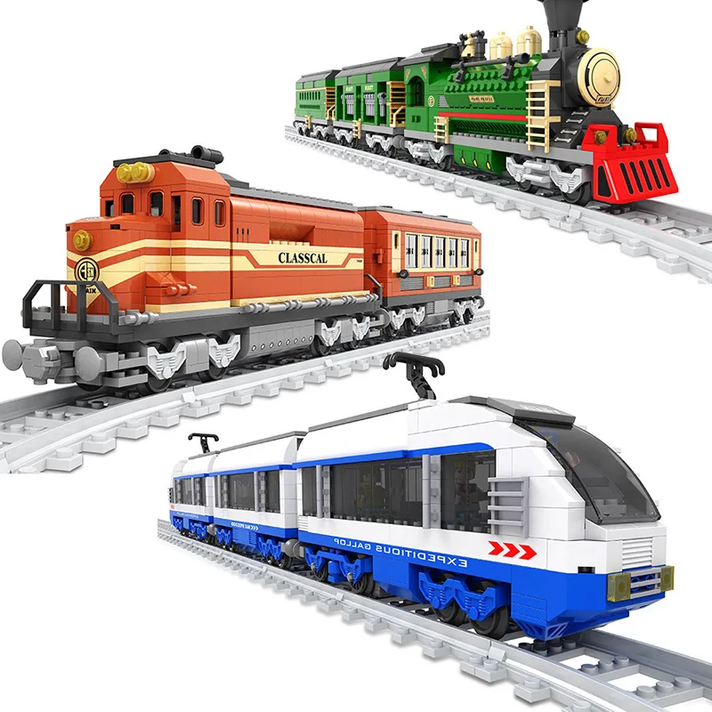 

Vintage steam train Motor train Tracks Rail Technic Creator Building Blocks Bricks DIY Educational Toys For Children